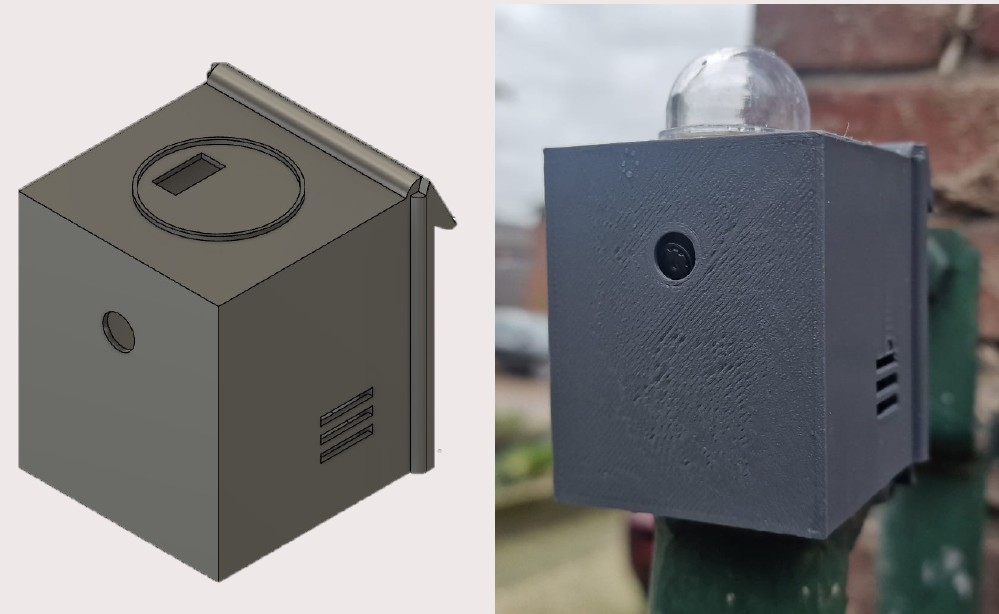 Side-by-side of a CAD render and the physical 3D-printed sensor node mounted outdoors on a green pole