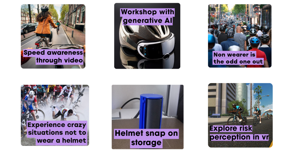 Grid of six early concept directions for helmet interventions