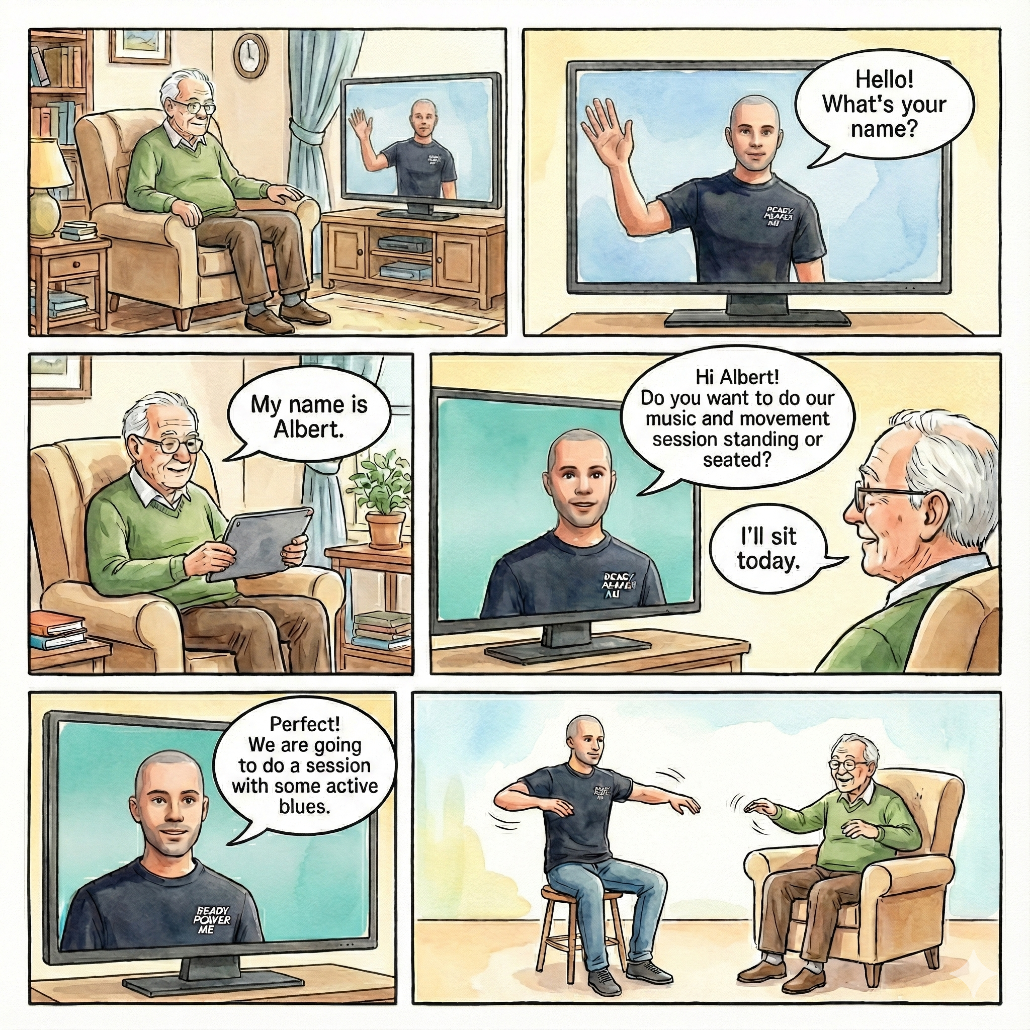 An older person with dementia talking to the Het Ritme avatar during a field test session