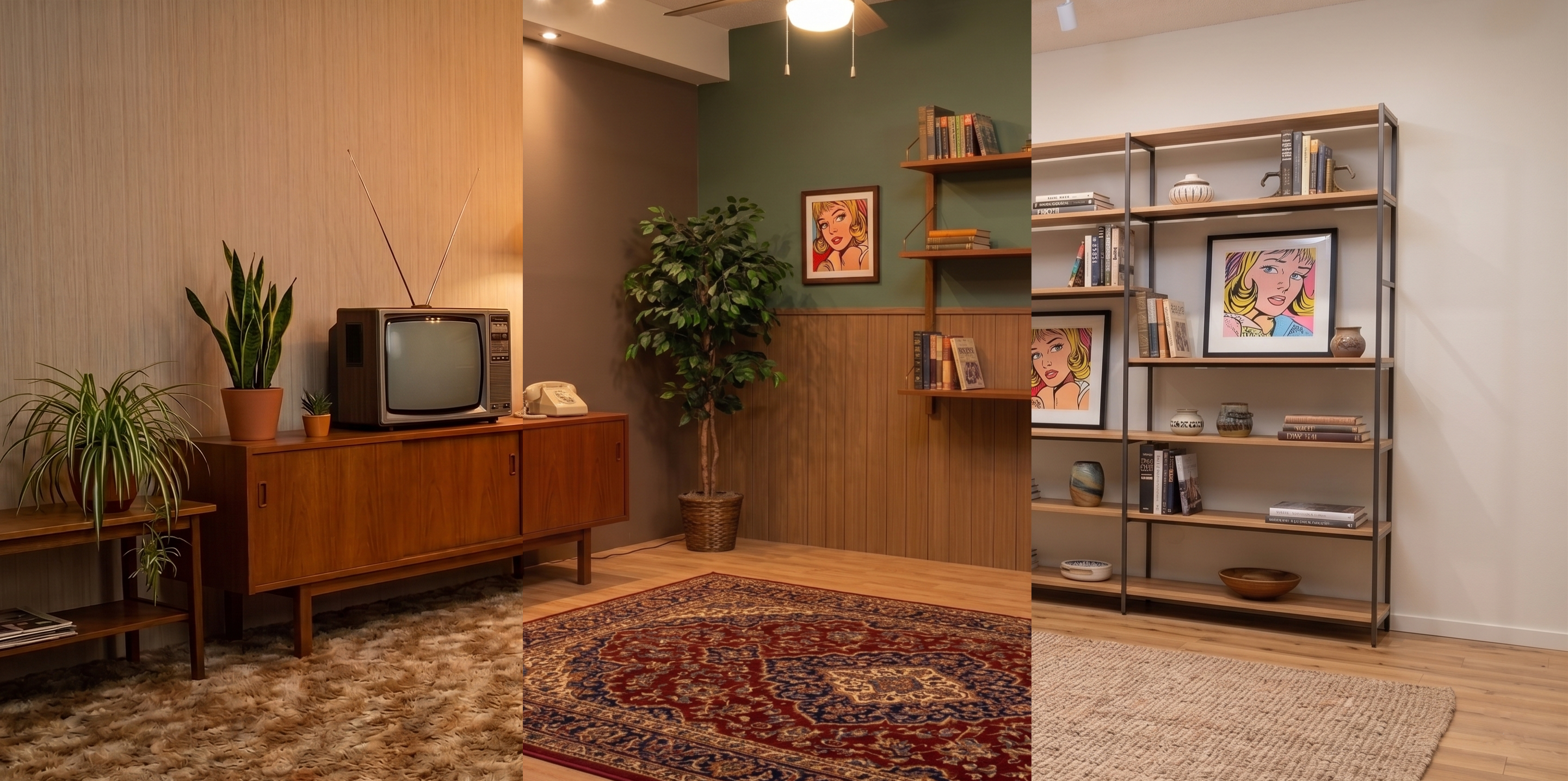 Three living room sets styled to different decades with period furniture and televisions