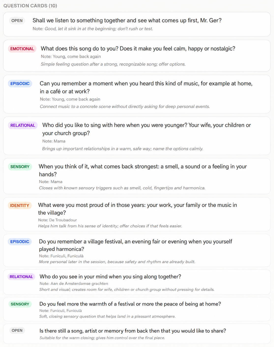 Set of question cards used in co-design sessions to shape the OpMaatje conversation flow