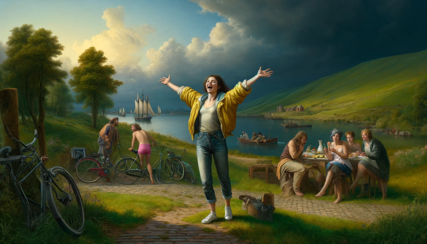 Painterly AI-generated artwork of a joyful woman by a lake with cyclists and a picnic